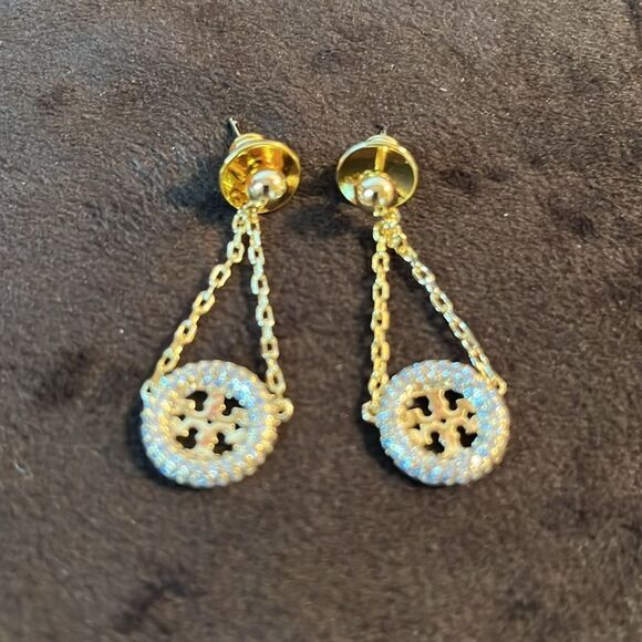 Tory Burch Dangle Chain Crystal Earrings 18YG plated - Picture 4 of 9